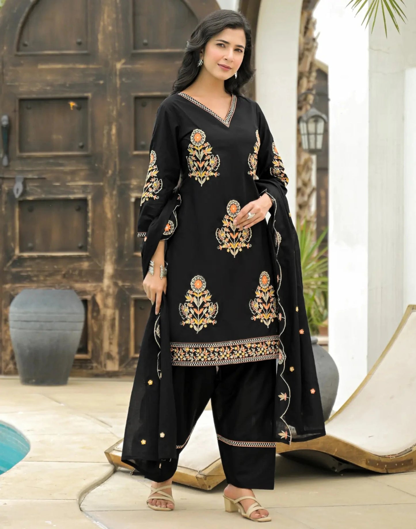 Cotton Embroidered V-Neck Straight Kurta with Pant & Dupatta