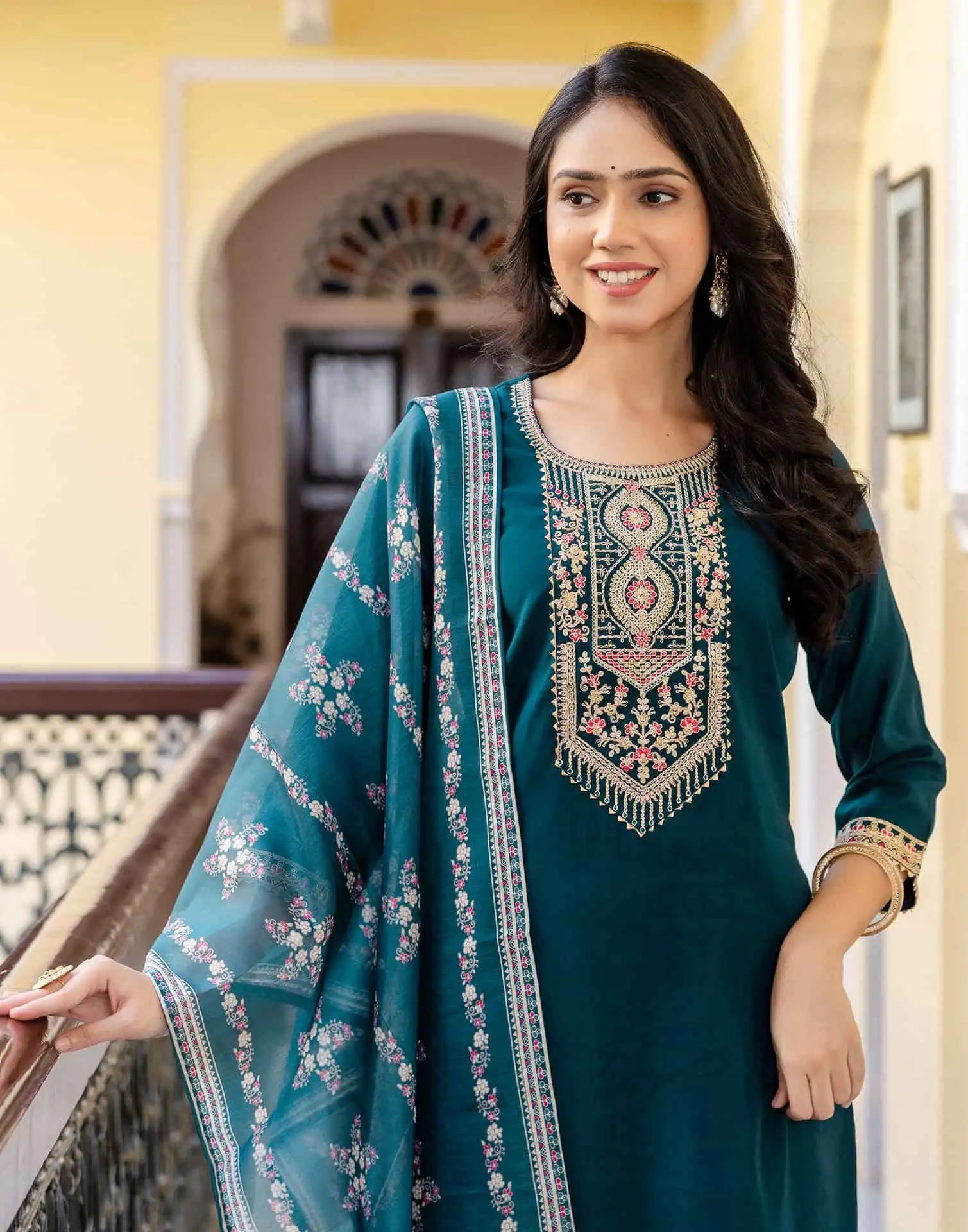 Skylee Green Silk Embroidered Straight Kurta with Pant & Dupatta