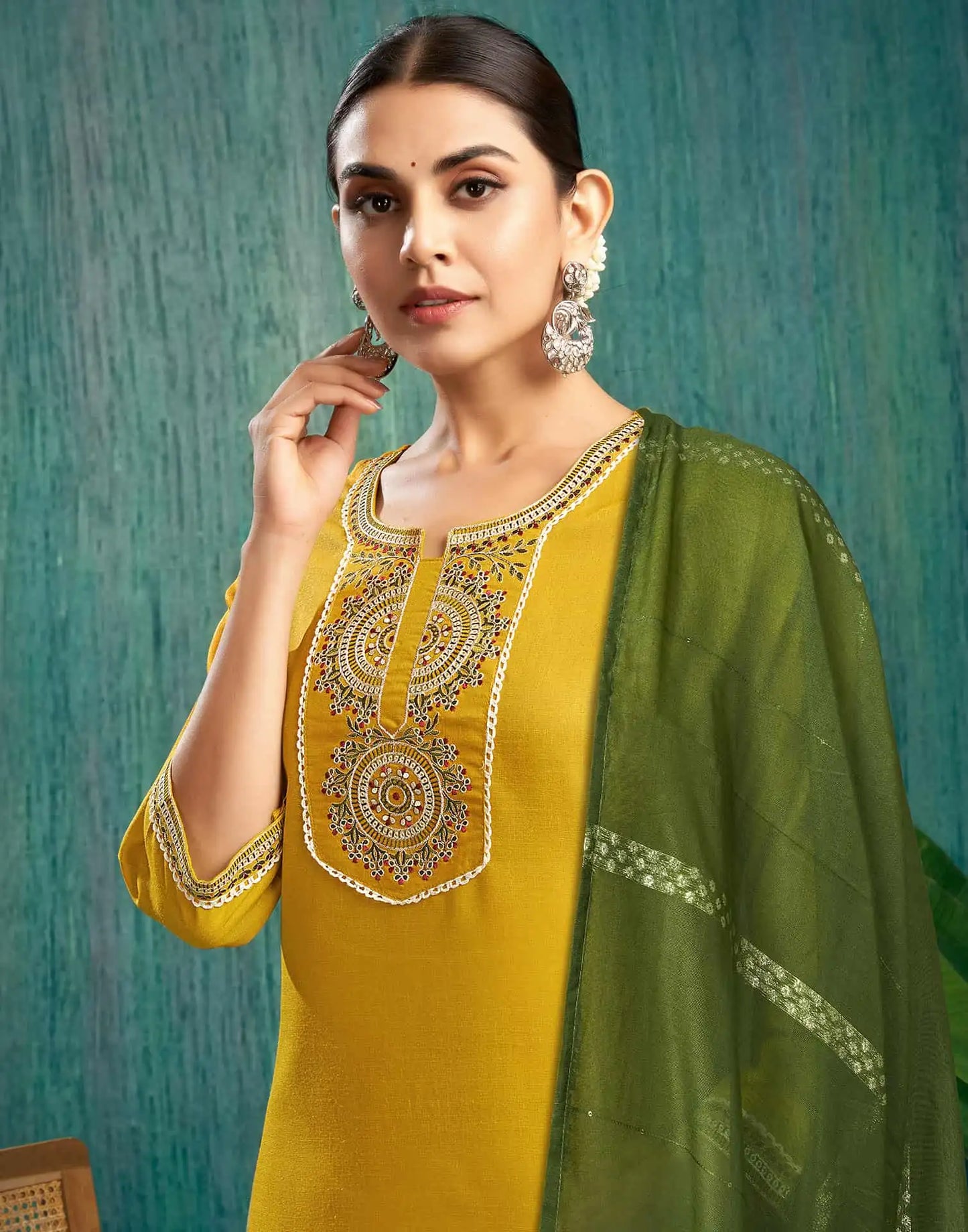 Cotton Blend Embroidery and Lace Straight Kurta with Pant & Dupatta