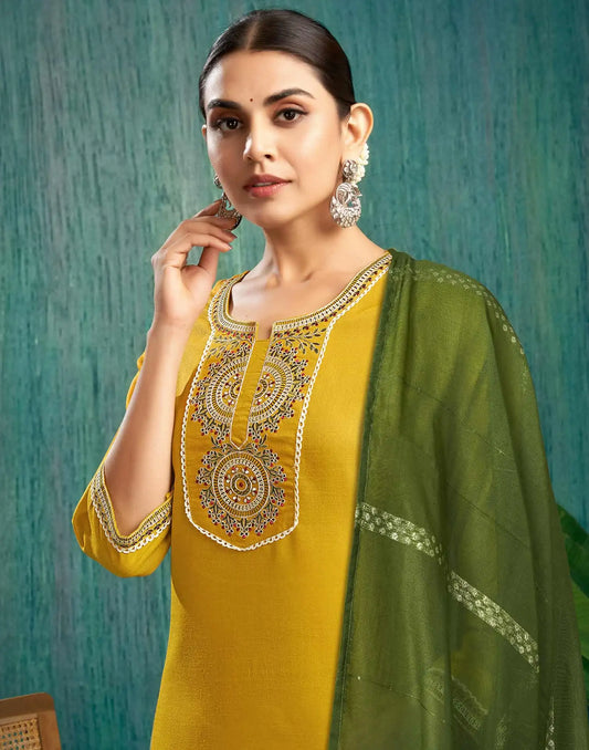 Cotton Blend Embroidery and Lace Straight Kurta with Pant & Dupatta