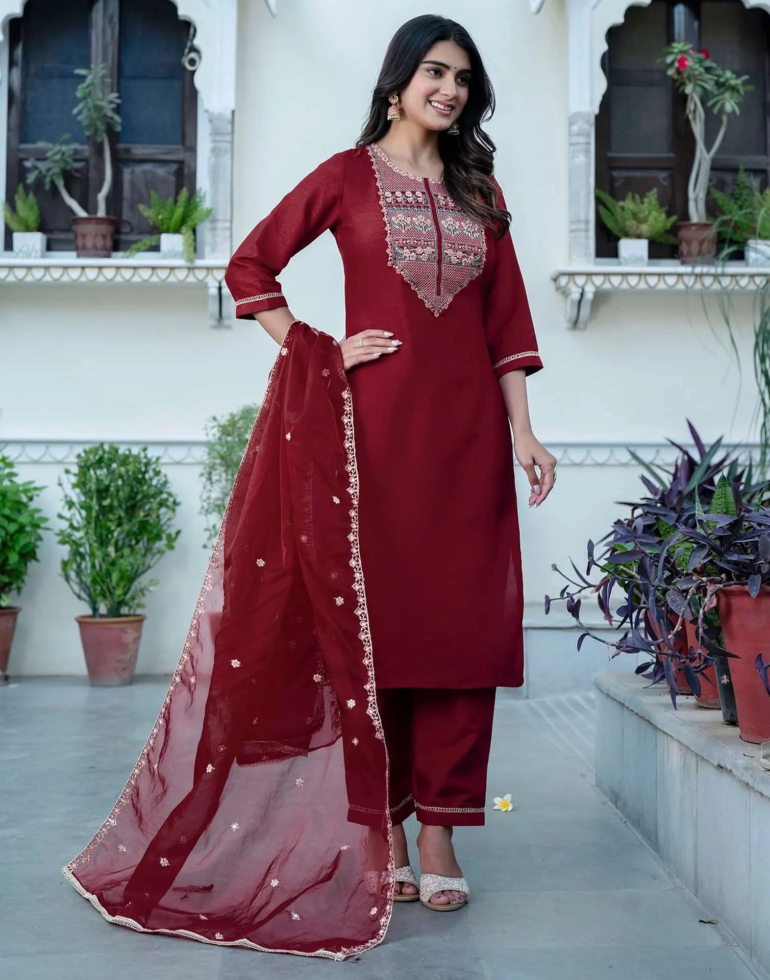Maroon Silk Sequence Embroidered Straight Kurta Set with Pant and Dupatta – Elegant Wedding & Festive Wear for Women