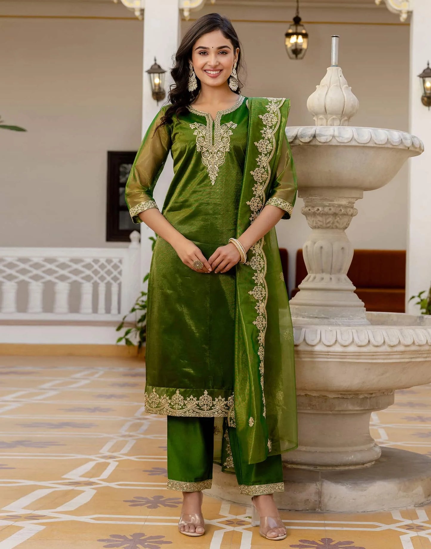 Net Sequins, Embroidery and Gota Lace Straight Kurta with Pant & Dupatta