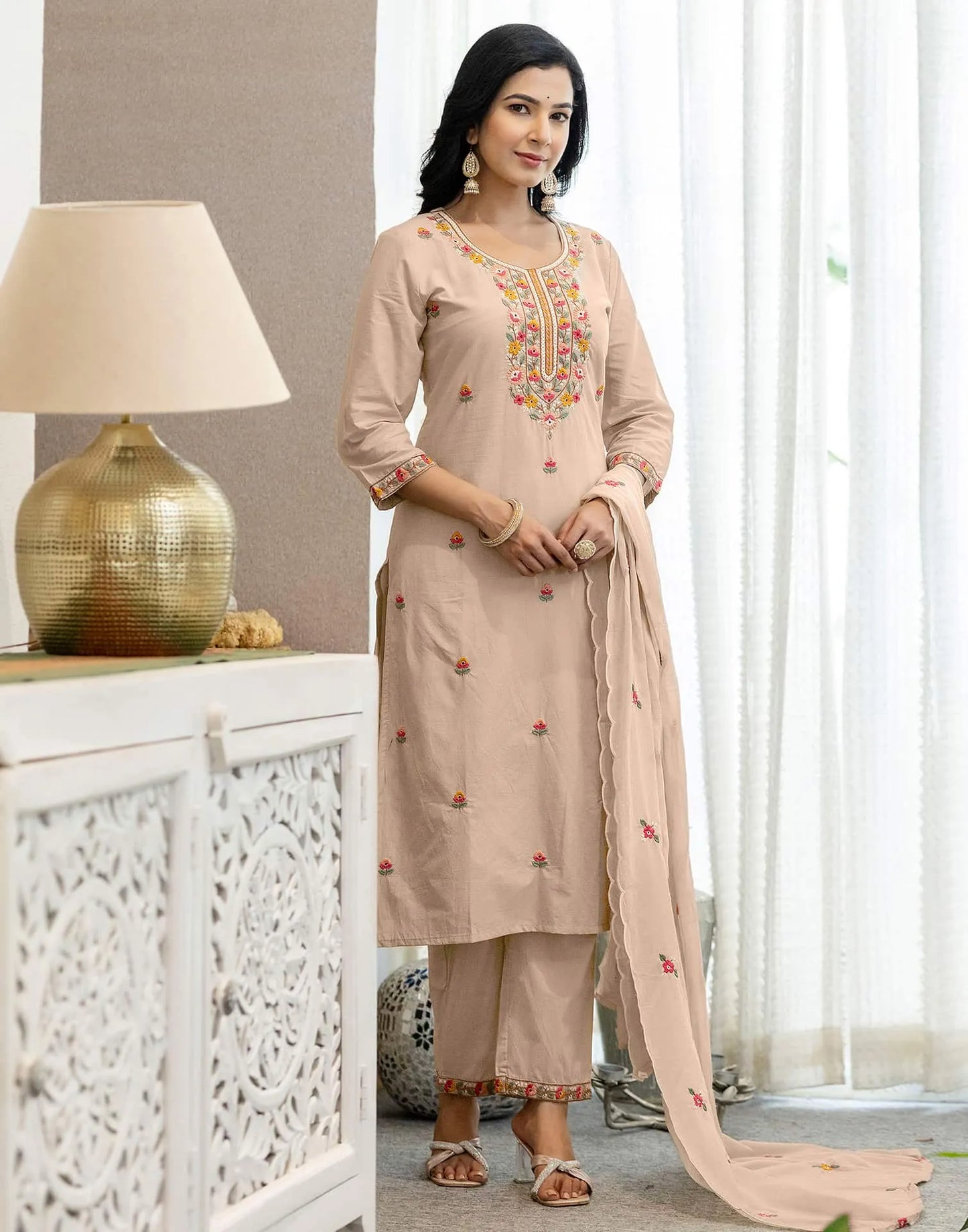 Skylee Brown Cotton Embroidered Straight Kurta with Pant & Dupatta