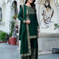Dark Green Cotton Printed Straight Kurta with Pant & Dupatta Festive Wear for Women