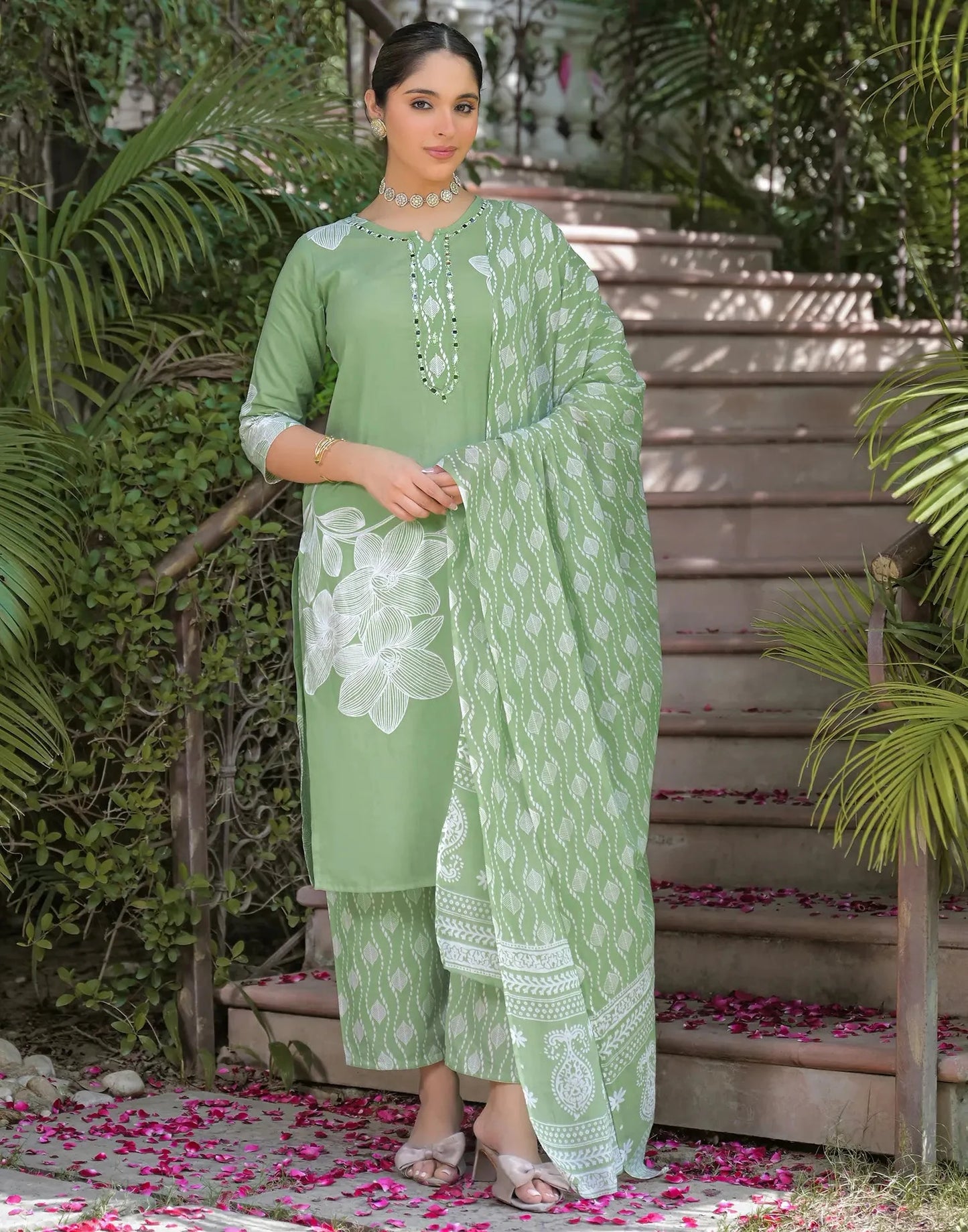 Cotton Printed V-Neck Straight Kurta with Pant & Dupatta