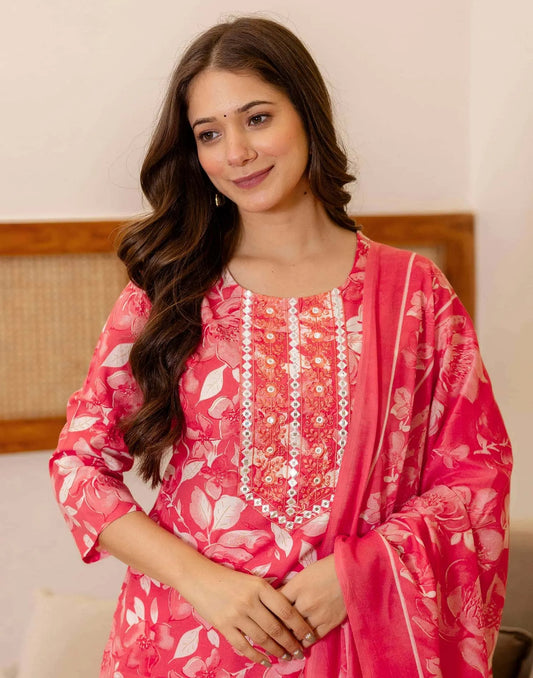 Cotton Printed Straight Kurta with Pant & Dupatta