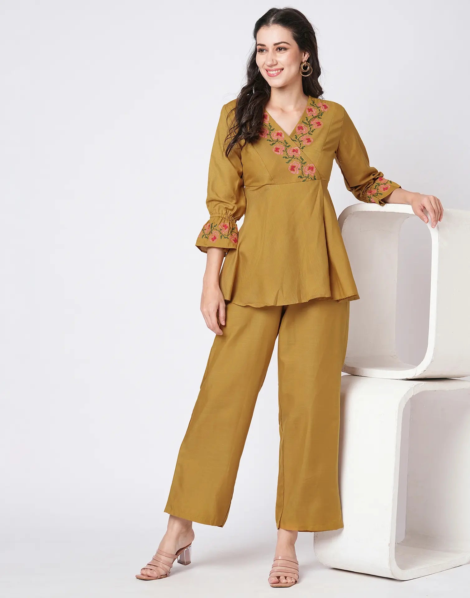 Cotton Blend Printed V-Neck Co-ord Set