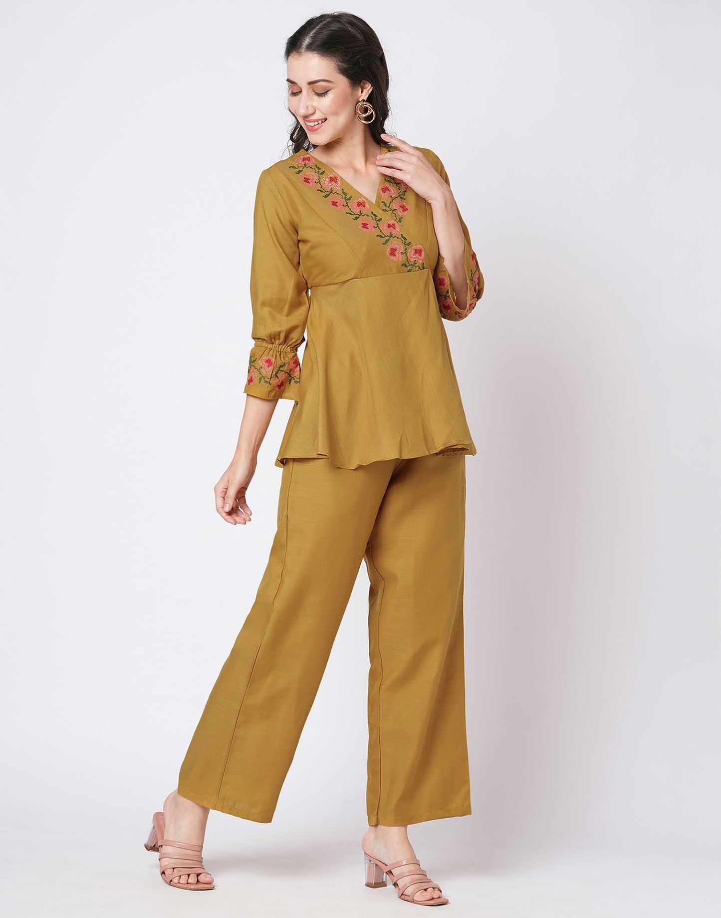 Cotton Blend Printed V-Neck Co-ord Set