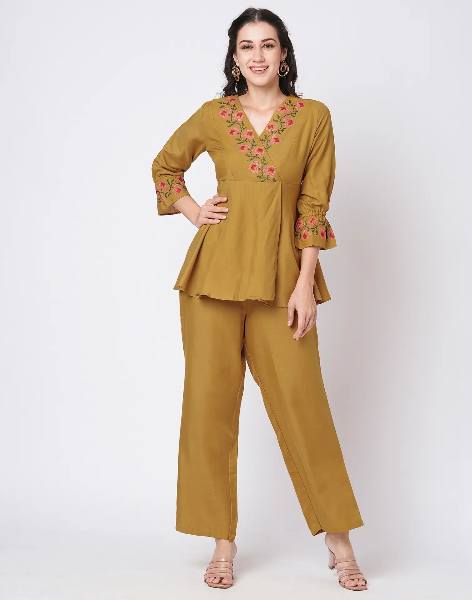Cotton Blend Printed V-Neck Co-ord Set