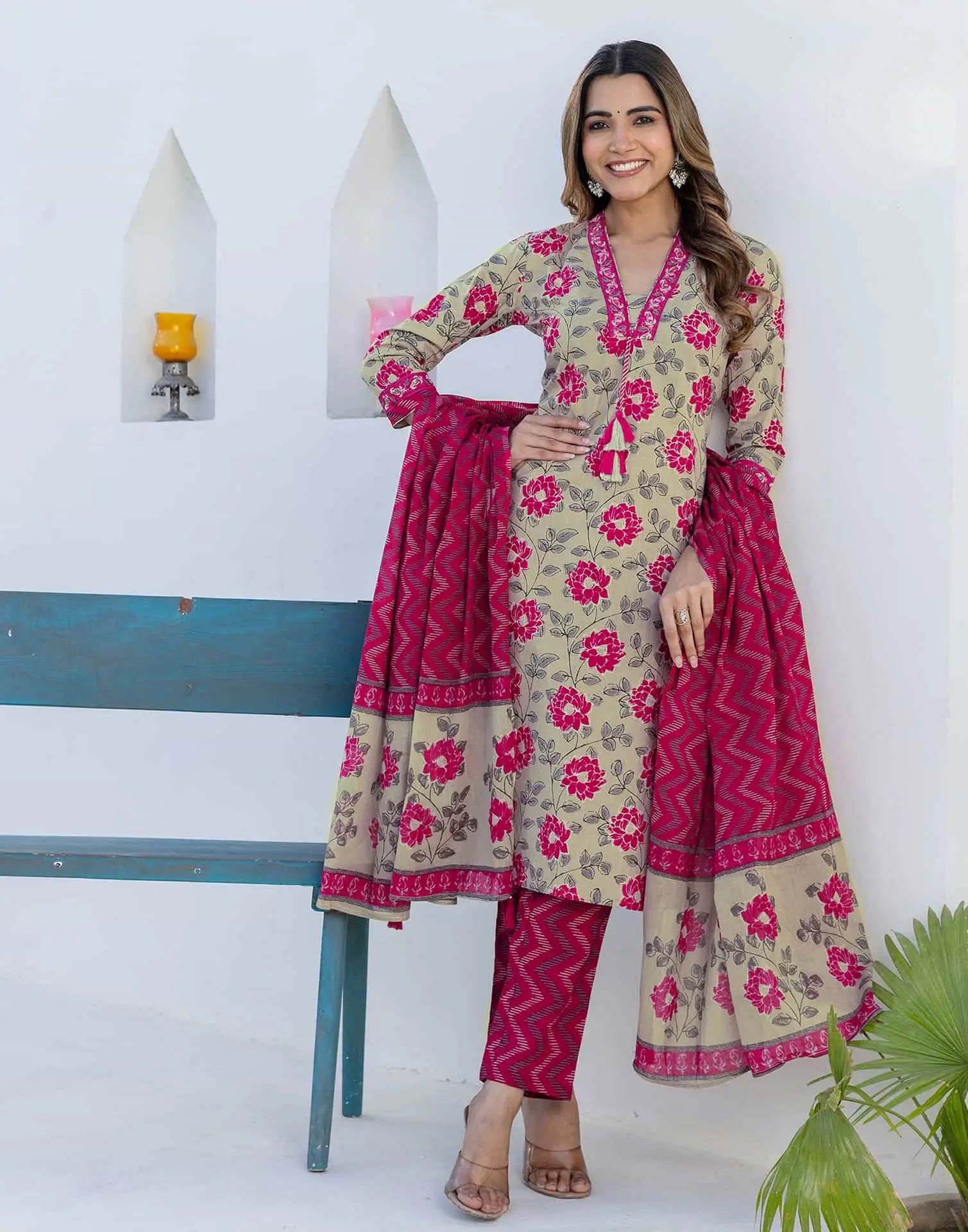 Grey Printed Kurti with pant & dupatta 