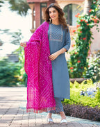 Poly Chinnon Embroidered Straight 3 Piece Kurta Set