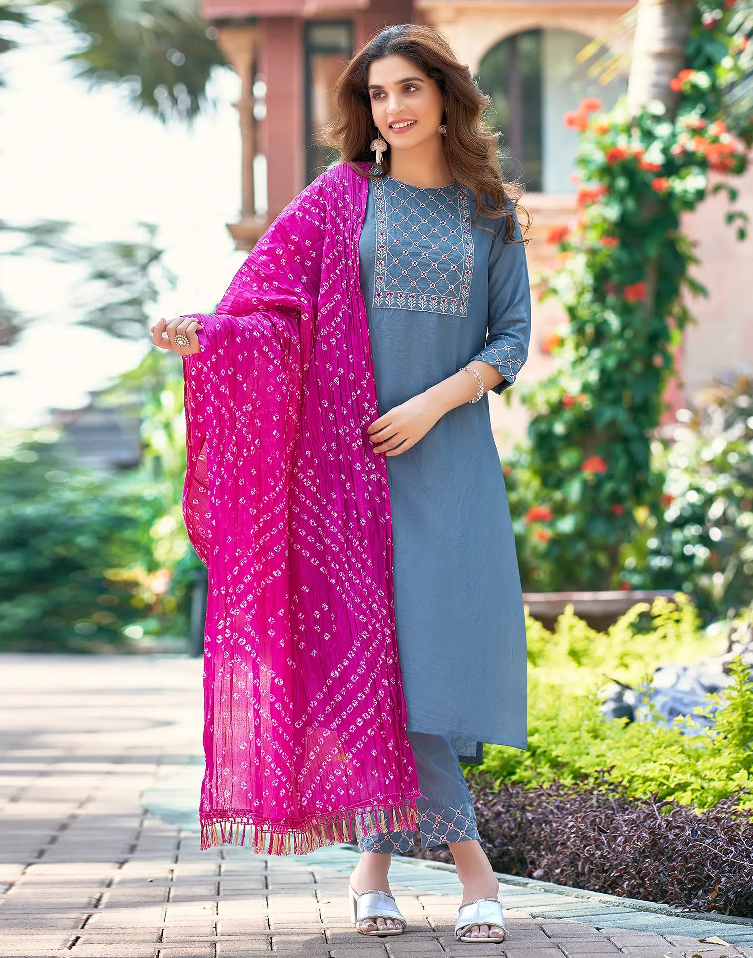 Poly Chinnon Embroidered Straight 3 Piece Kurta Set