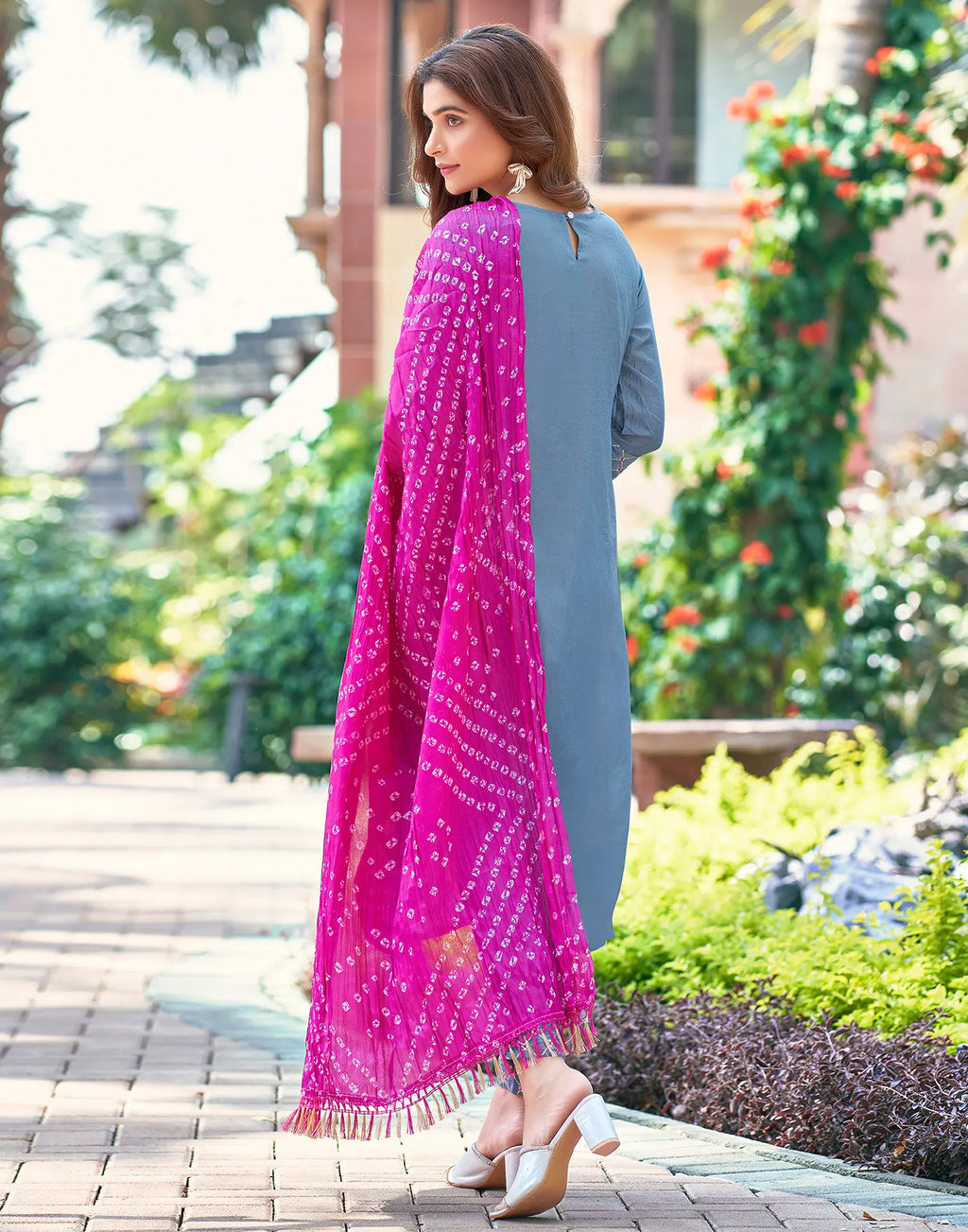 Poly Chinnon Embroidered Straight 3 Piece Kurta Set