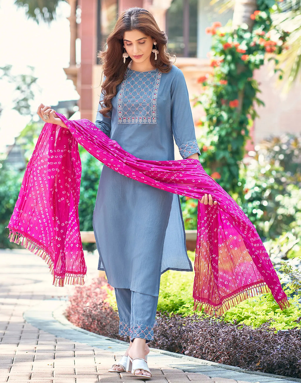 Poly Chinnon Embroidered Straight 3 Piece Kurta Set