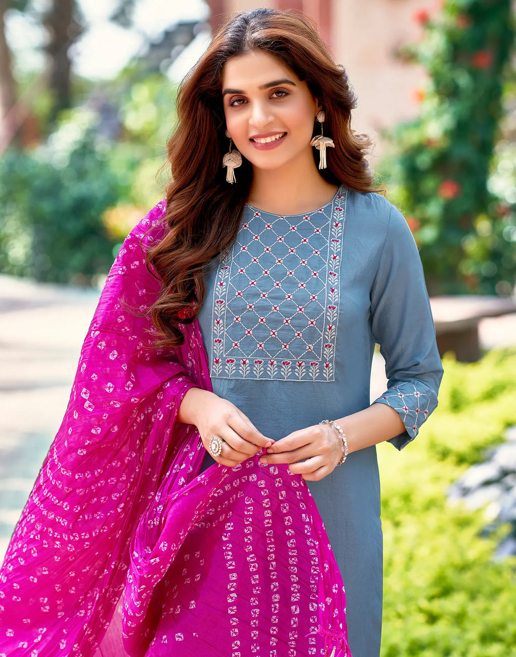 Poly Chinnon Embroidered Straight 3 Piece Kurta Set