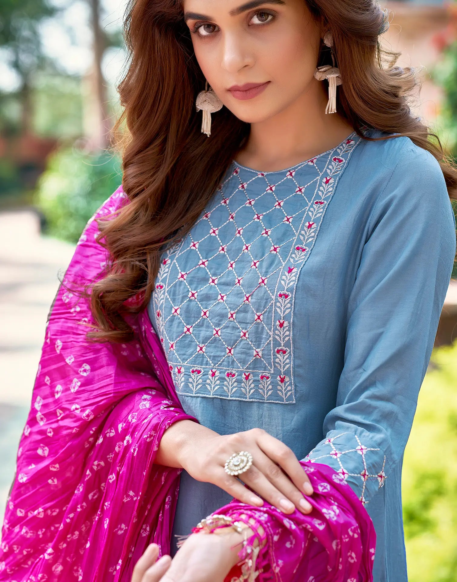 Poly Chinnon Embroidered Straight 3 Piece Kurta Set