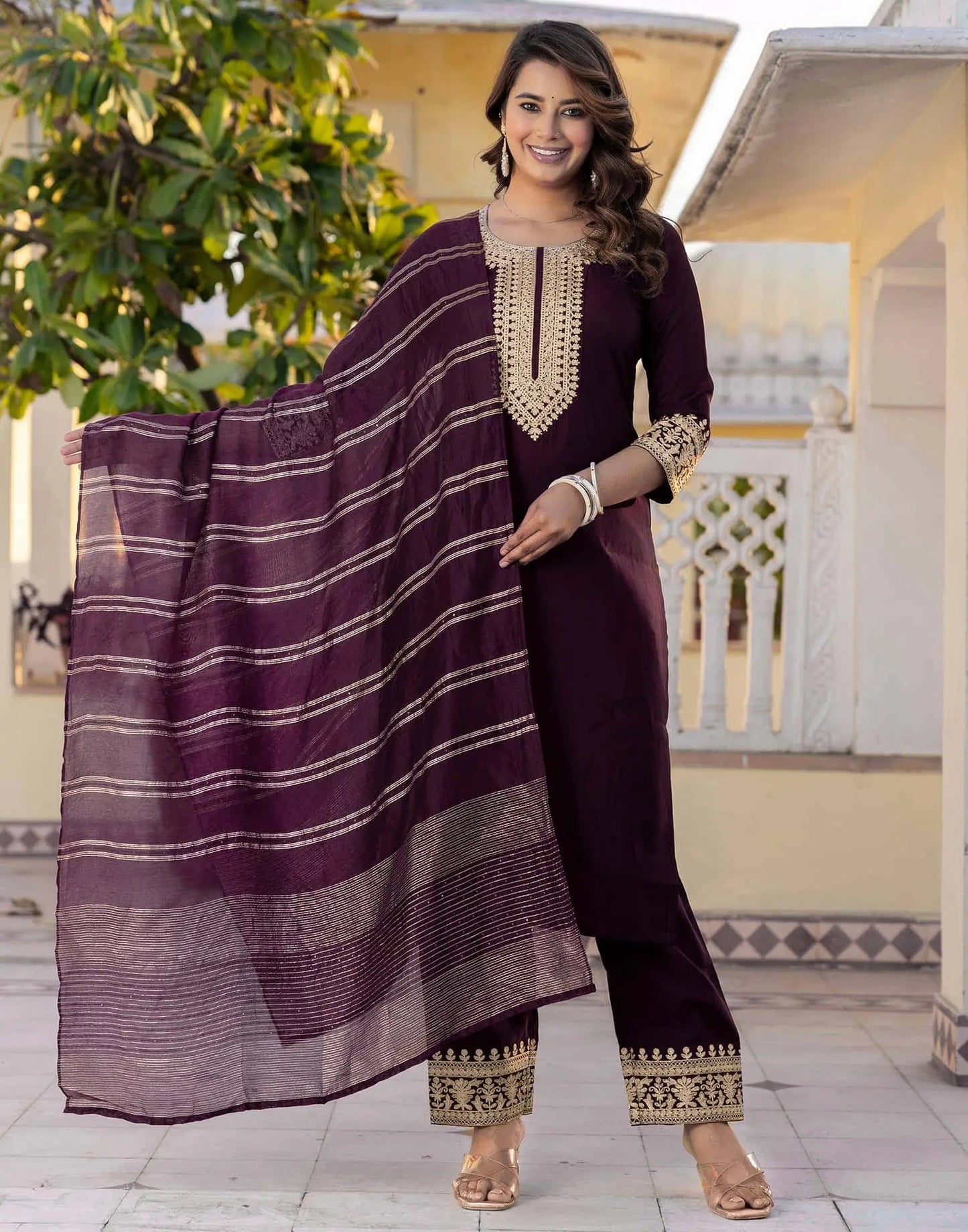 Silk Embroidery Straight Kurta with Pant & Dupatta