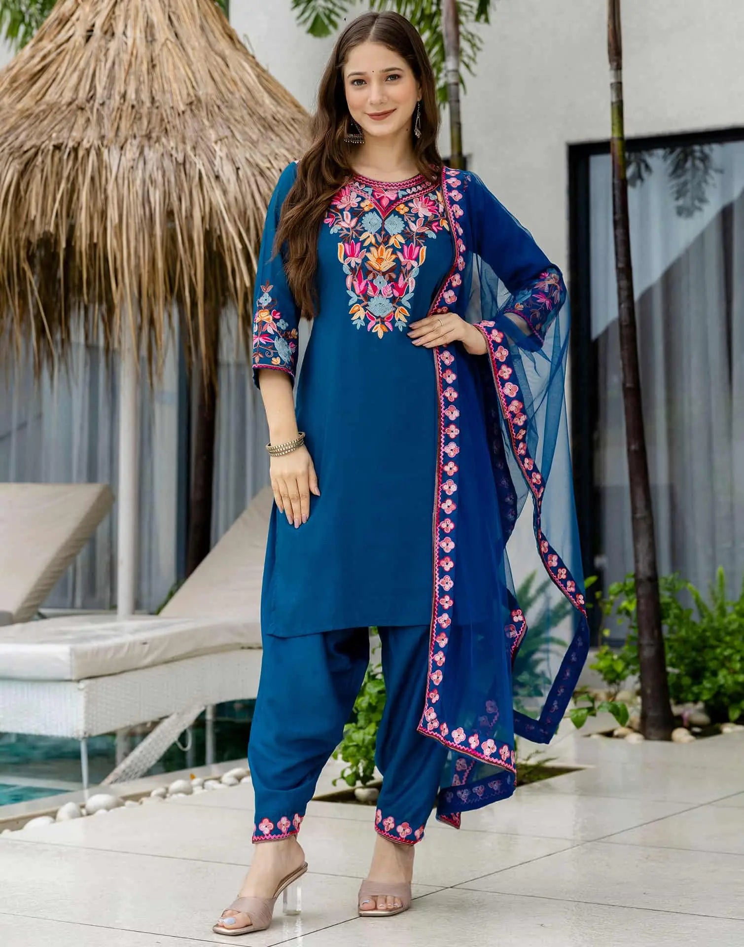 Skylee Poly Chinnon Embroidered Straight 3 Piece Kurta Set For Woman