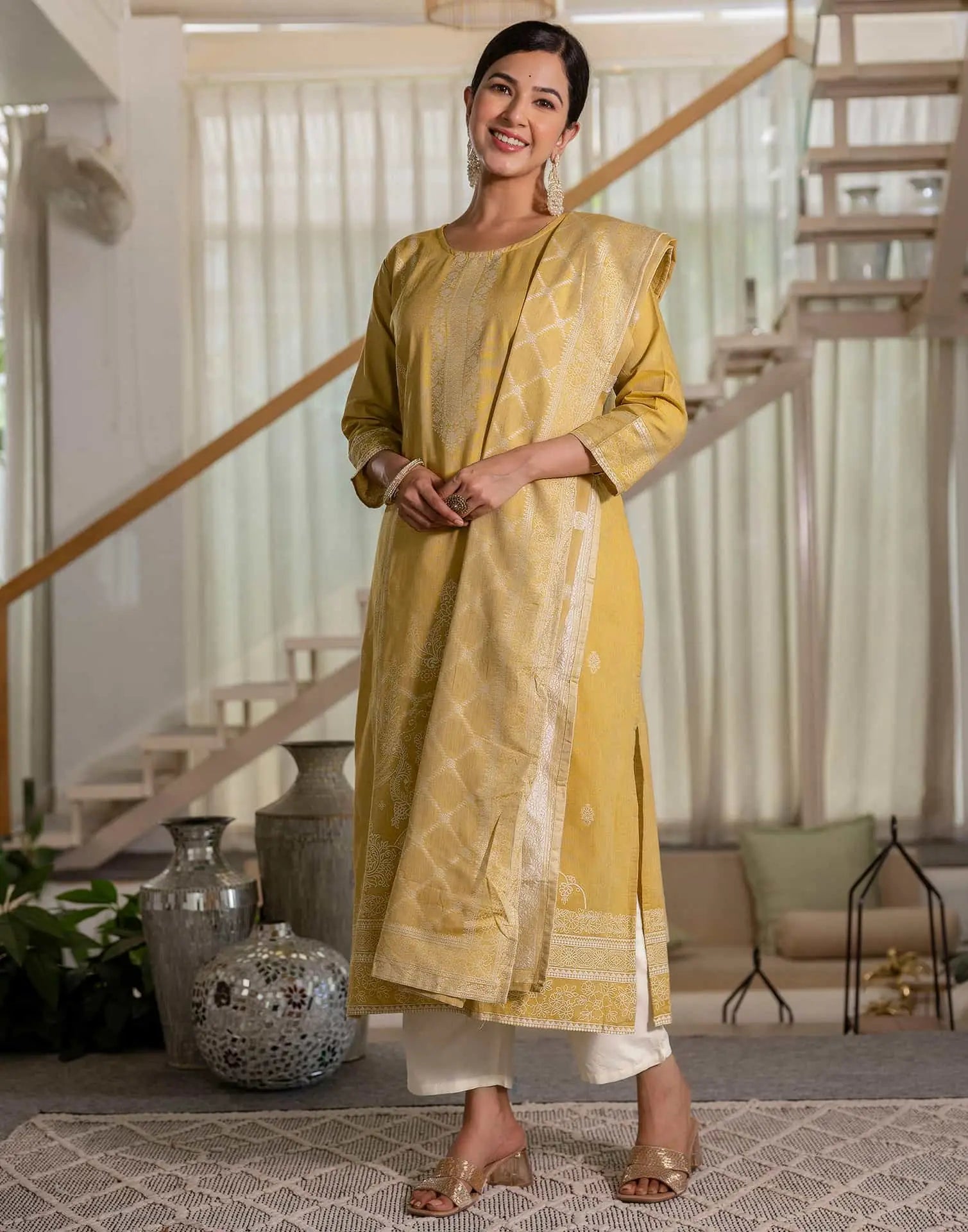 Affordable Beige Cotton Woven Straight Kurta Set Round-Neck Woven Cotton Kurti with Pant & Dupatta