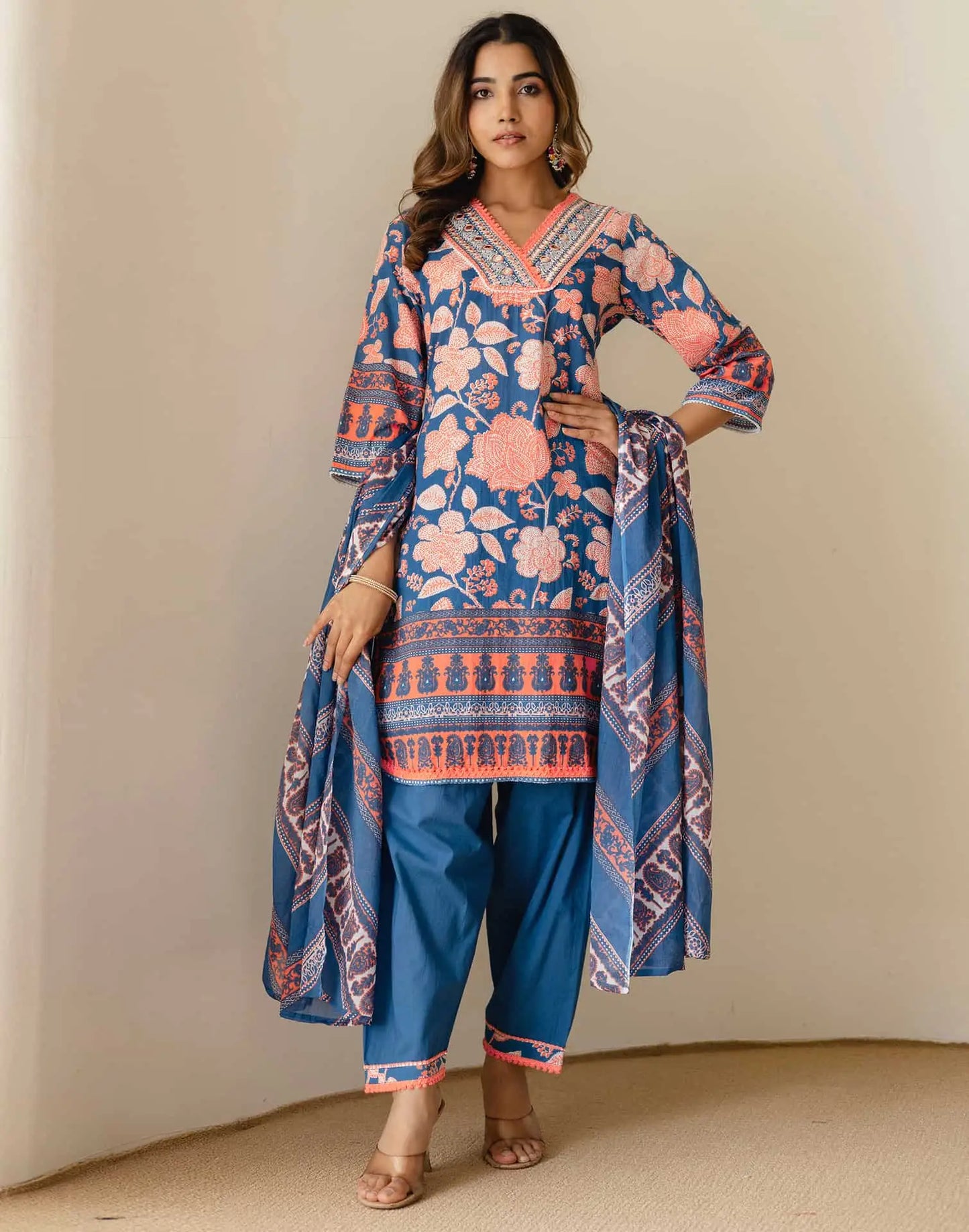 Affordable Blue Cotton Printed Straight Kurta Set with Patiala & Dupatta under 999