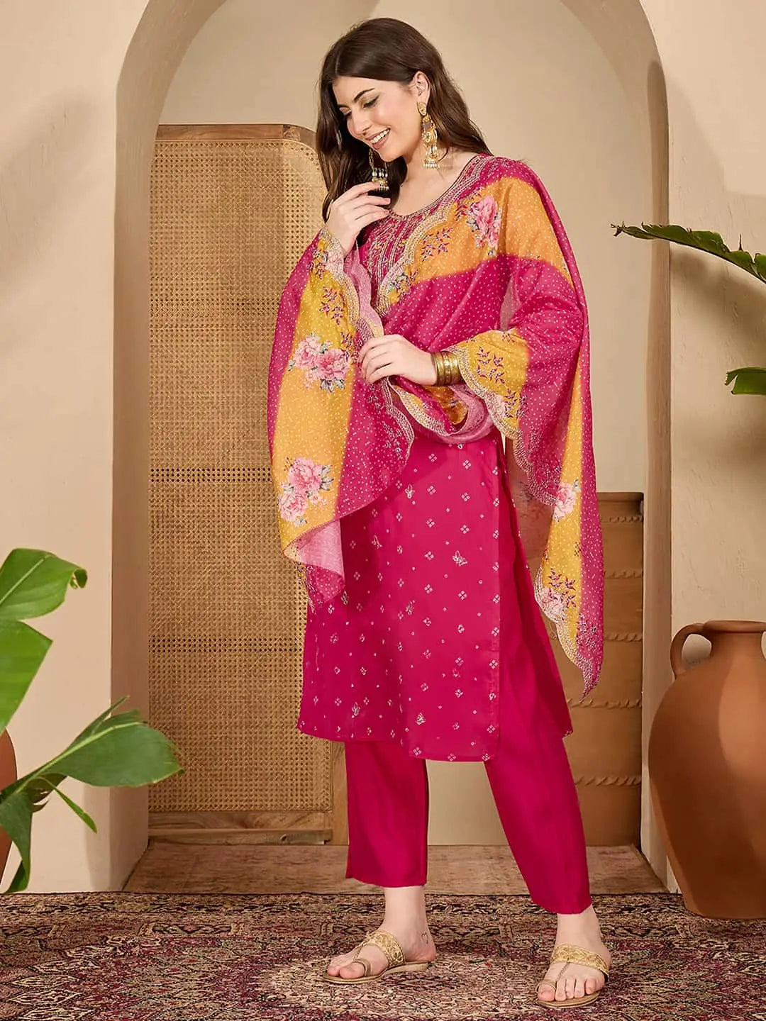 Pink Silk Bandhani Printed Straight Kurta Set with Pant & Dupatta under 1299