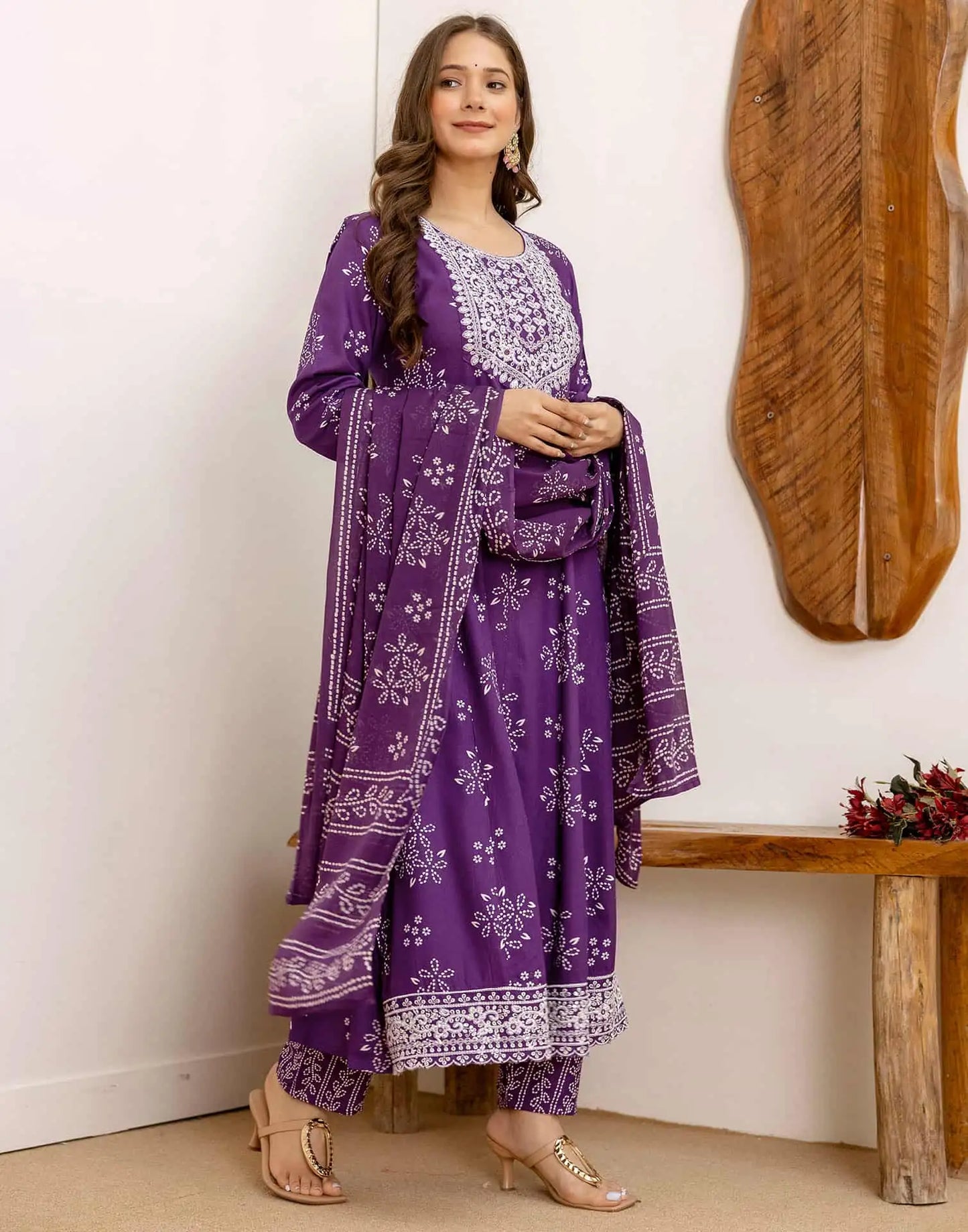 Affordable Purple Cotton Printed Anarkali Kurta Set V-Neck Cotton Kurti with Pant & Dupatta