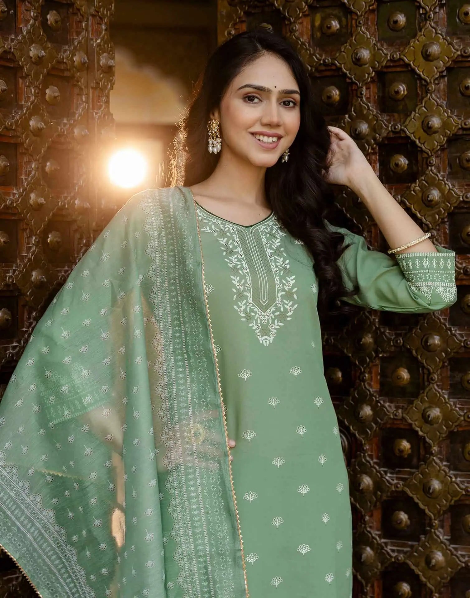 Skylee Green Silk Printed Straight Kurta Set with Pant & Dupatta under 799