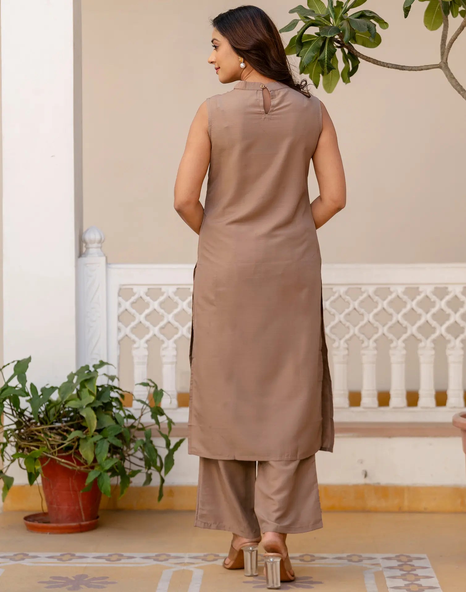 Cotton Blend Plain Round Neck Co-ord Set