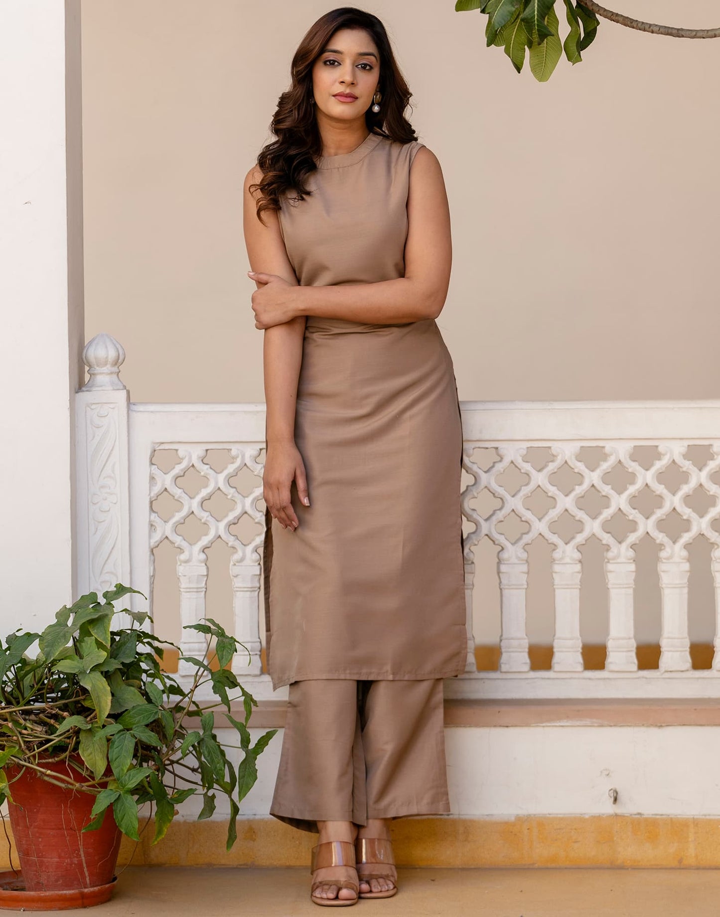 Cotton Blend Plain Round Neck Co-ord Set