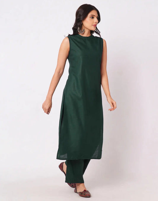 Cotton Blend Plain Round Neck Co-ord Set
