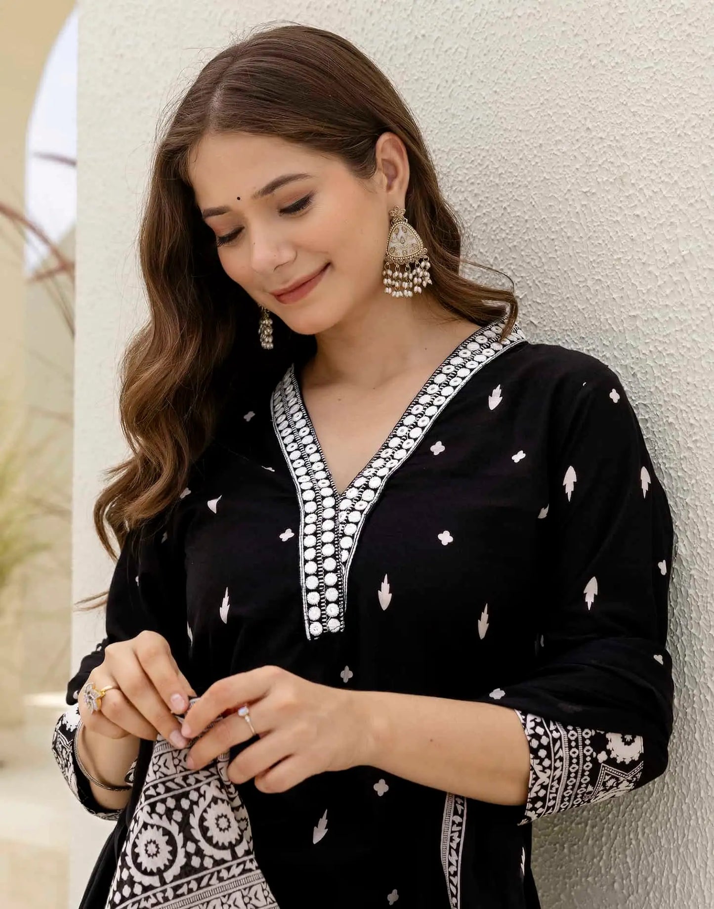 Cotton Straight Embroidery V-Neck Kurta with Pant & Dupatta