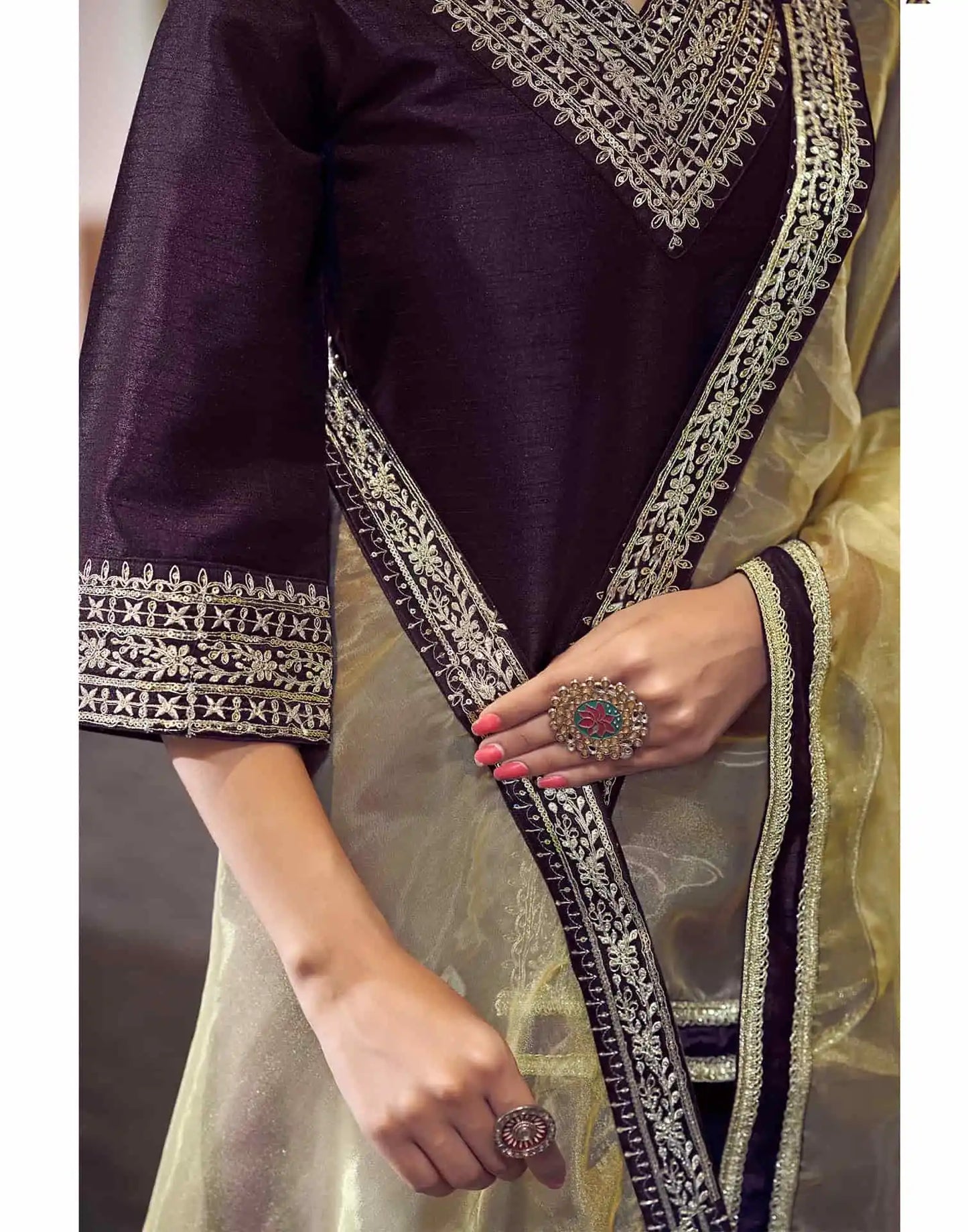 Silk Blend Sequins Embroidery Lace Straight Kurta with Pant & Dupatta