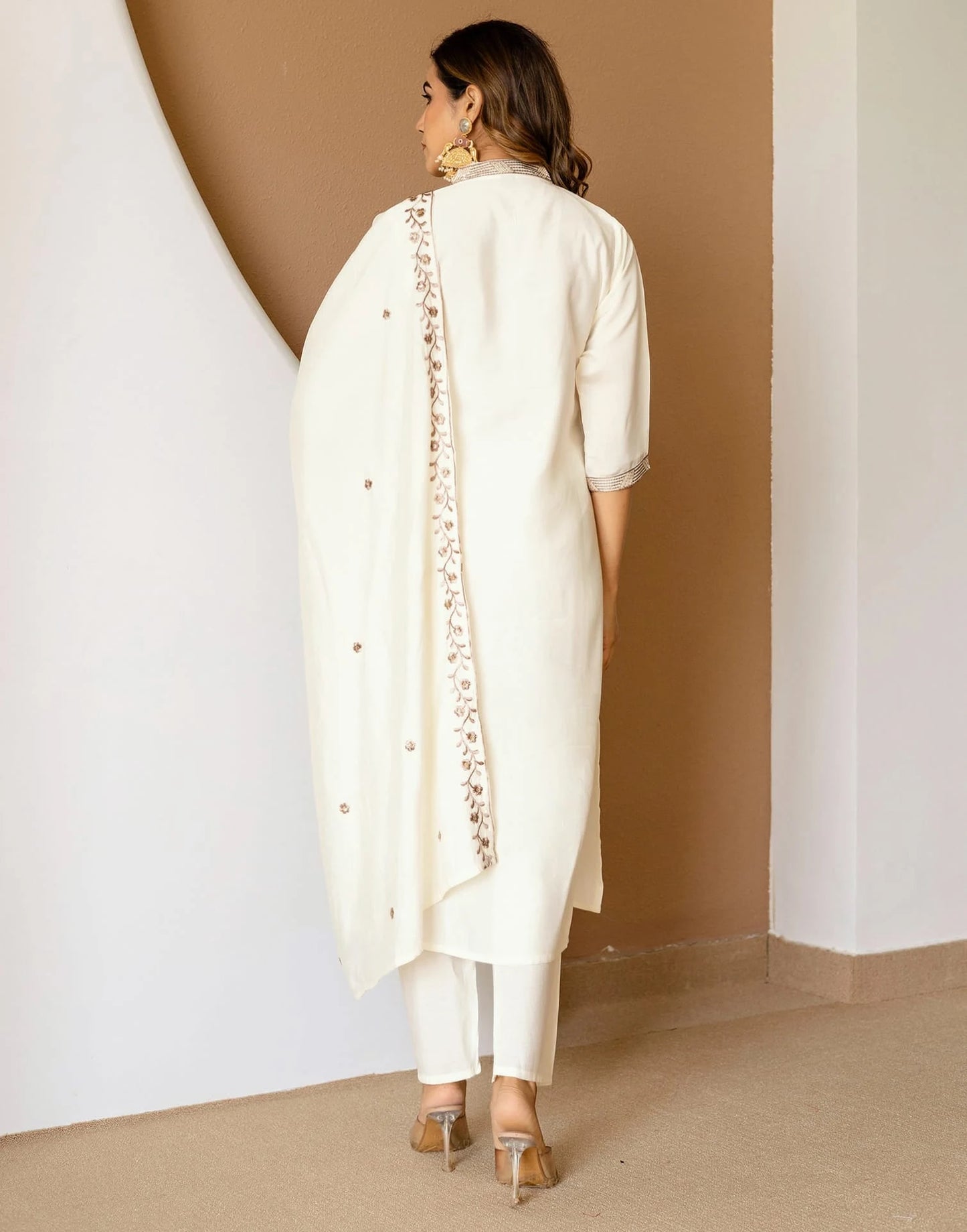 White Silk Embroidered Straight Kurta Set with Pant & Dupatta for Women Casual & Daily Wear under 1299