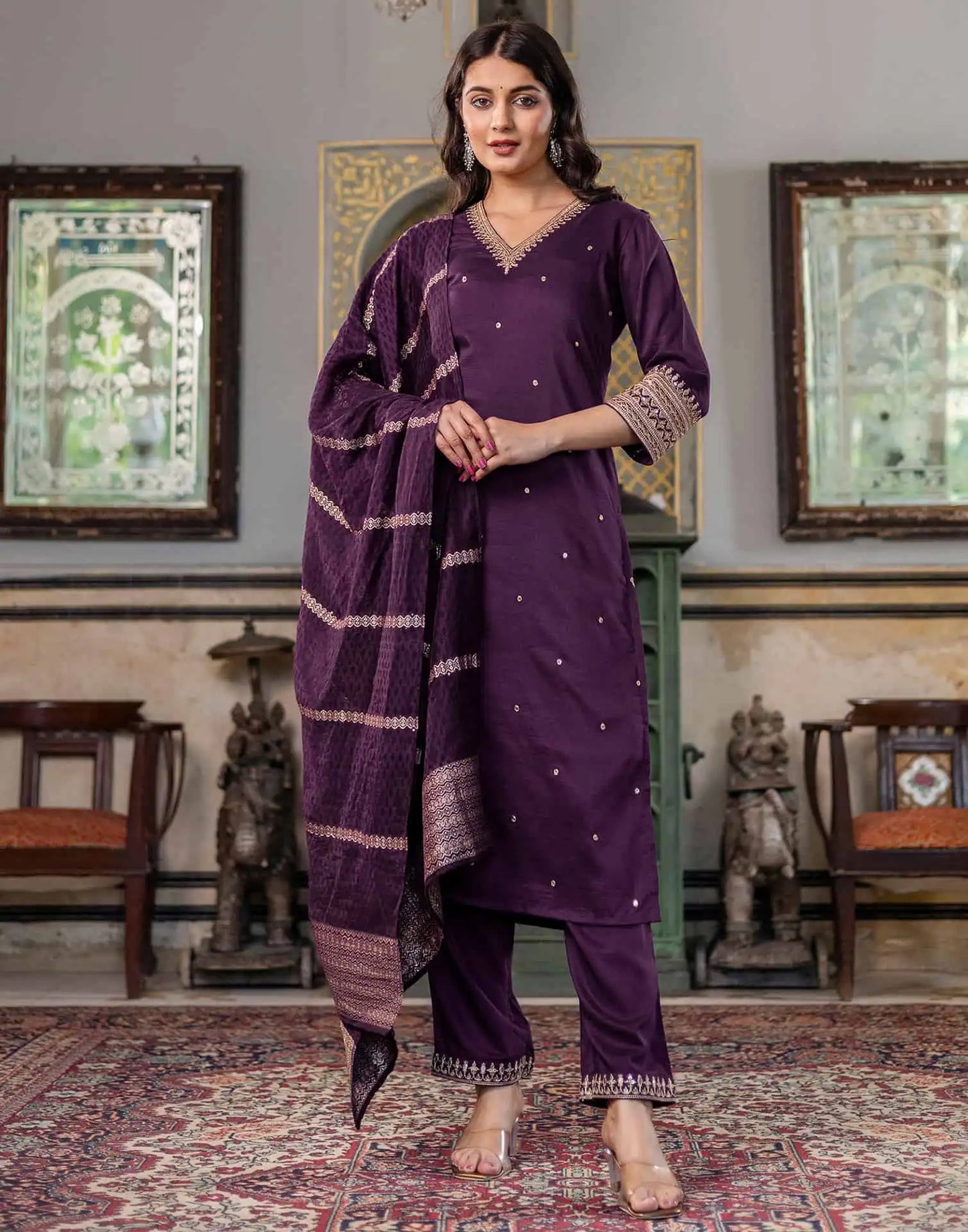 Silk Blend Sequence and Embroidery Work Straight Kurta with Pant & Dupatta