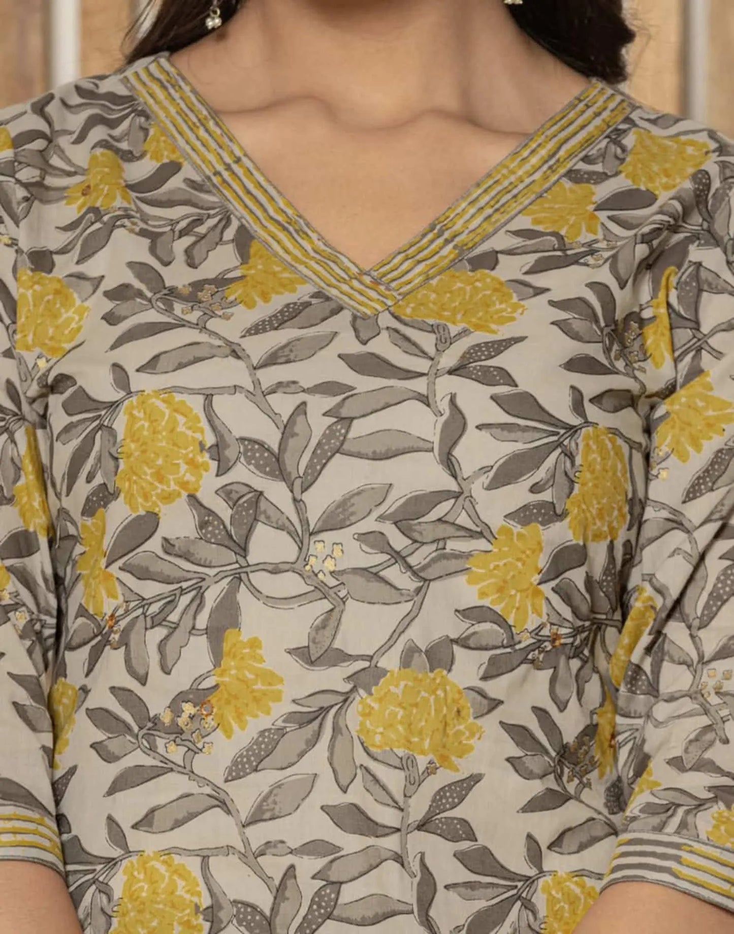 Cotton Straight Printed V-Neck Kurta with Pant & Dupatta