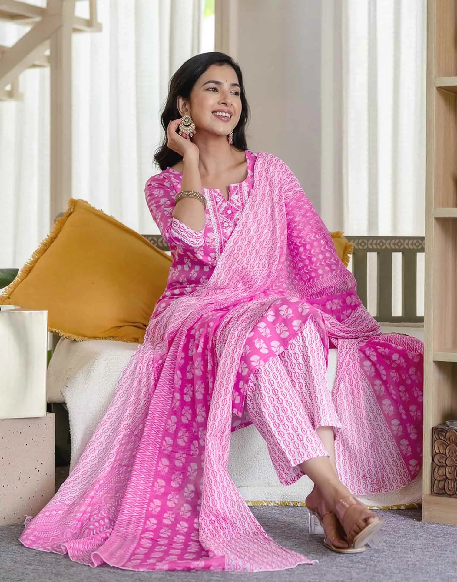 Affordable Red Cotton Printed Straight Kurta Set Round-Neck Cotton Kurti with Pant & Dupatta