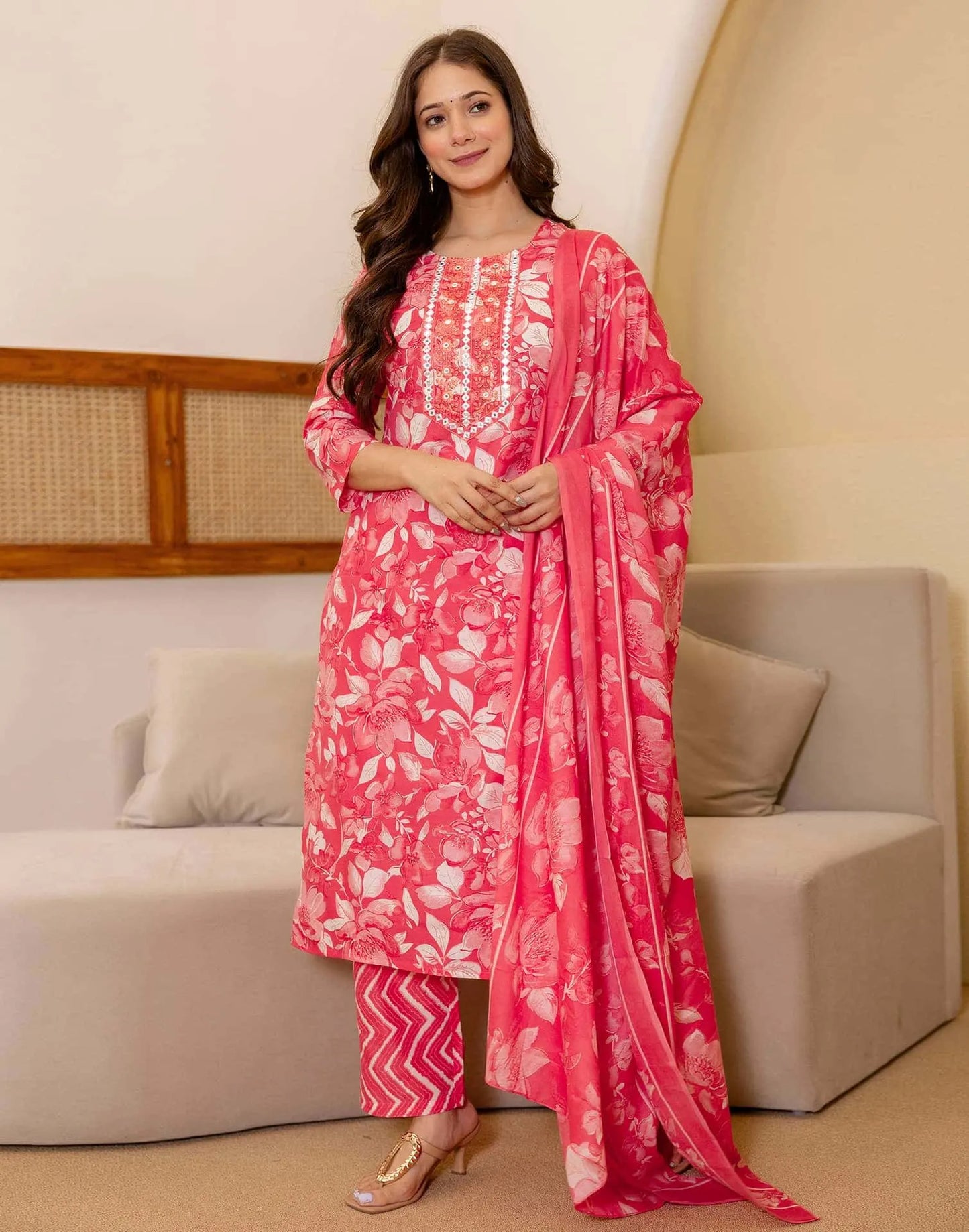 Cotton Printed Straight Kurta with Pant & Dupatta
