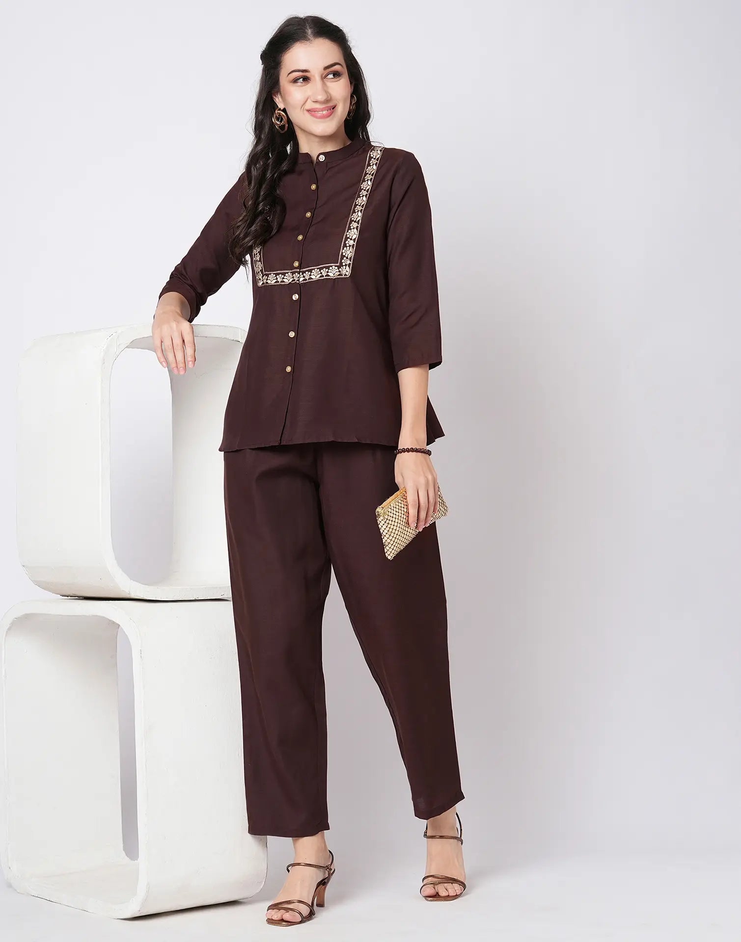 Cotton Blend Plain Mandarin Collar Co-ord Set