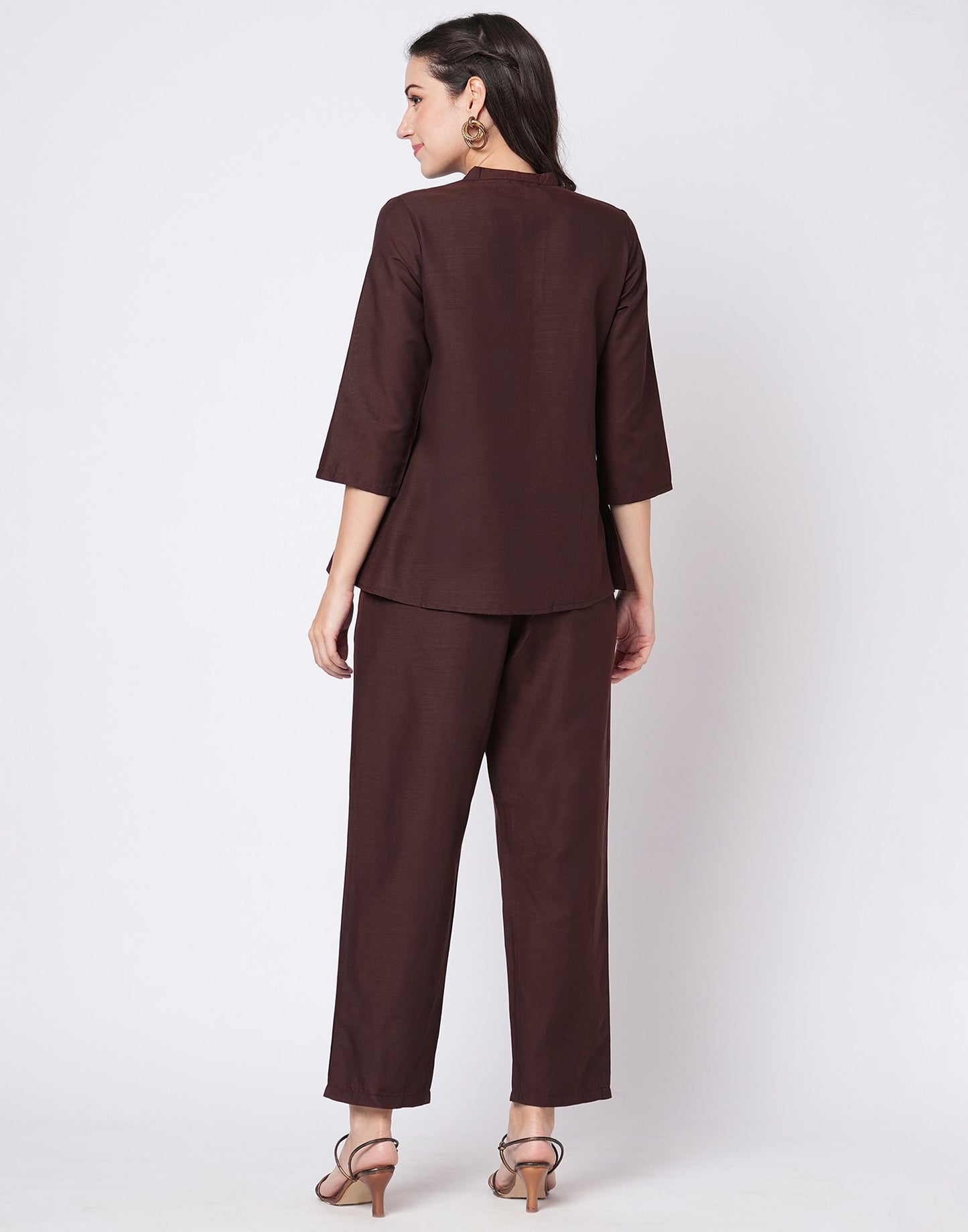 Cotton Blend Plain Mandarin Collar Co-ord Set