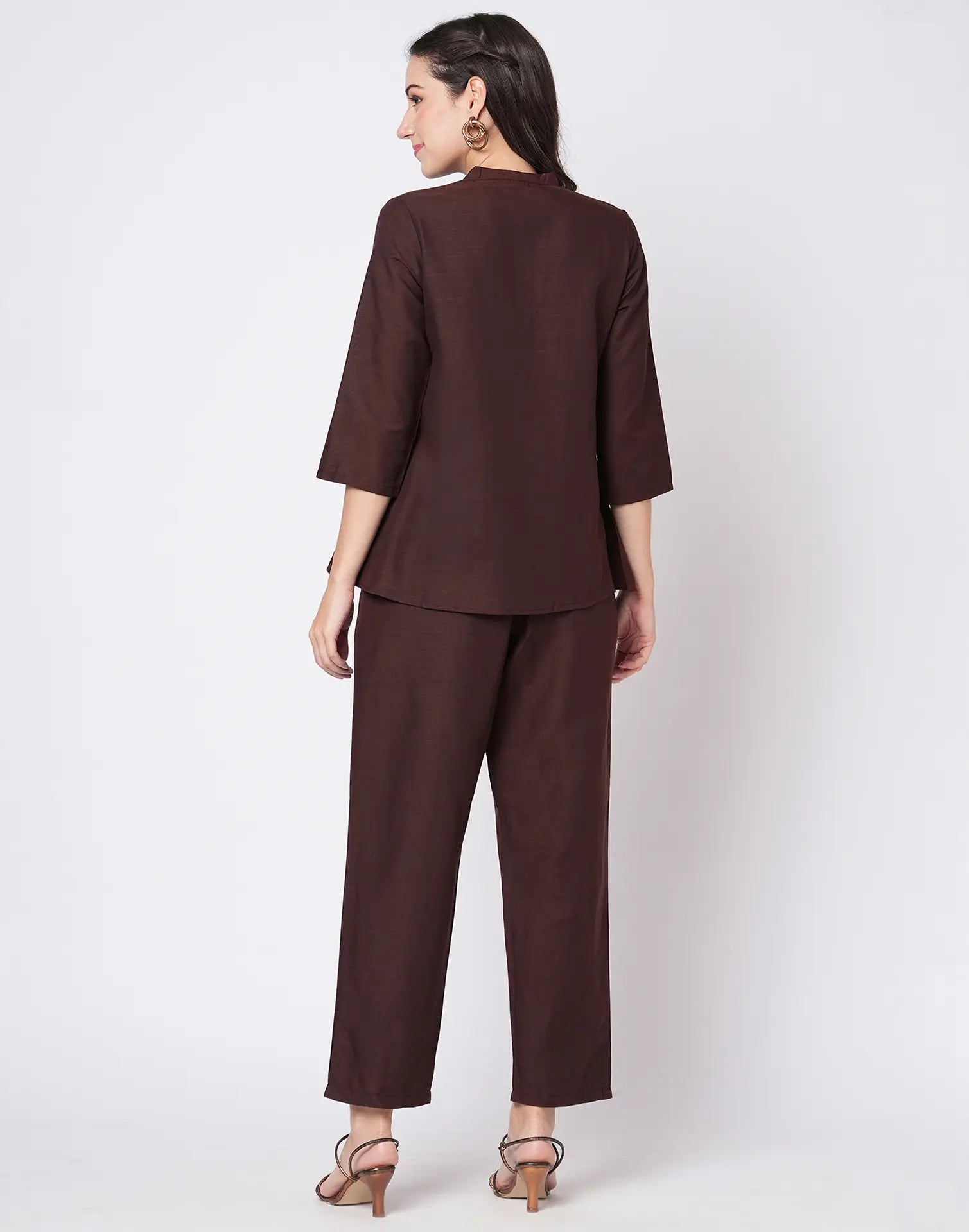 Cotton Blend Plain Mandarin Collar Co-ord Set