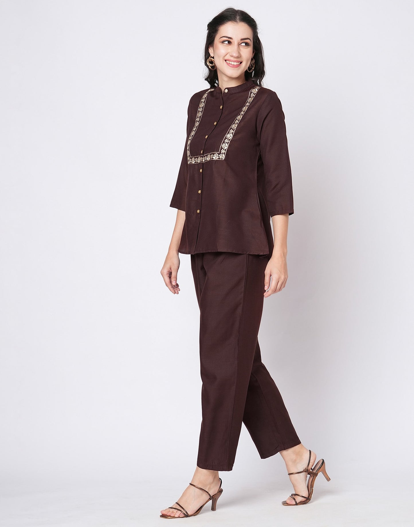 Cotton Blend Plain Mandarin Collar Co-ord Set