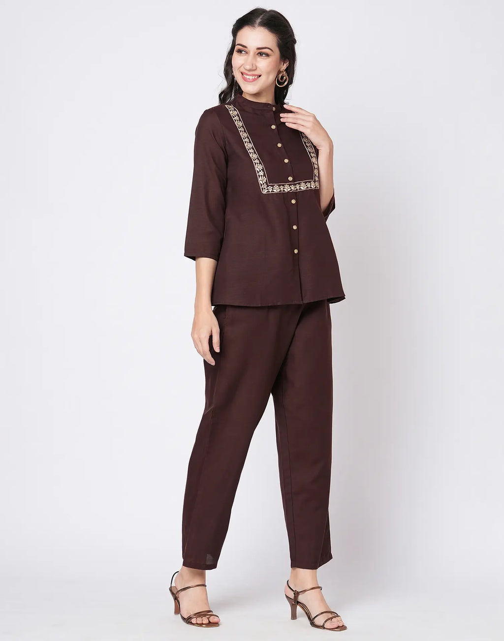 Cotton Blend Plain Mandarin Collar Co-ord Set