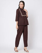 Cotton Blend Plain Mandarin Collar Co-ord Set
