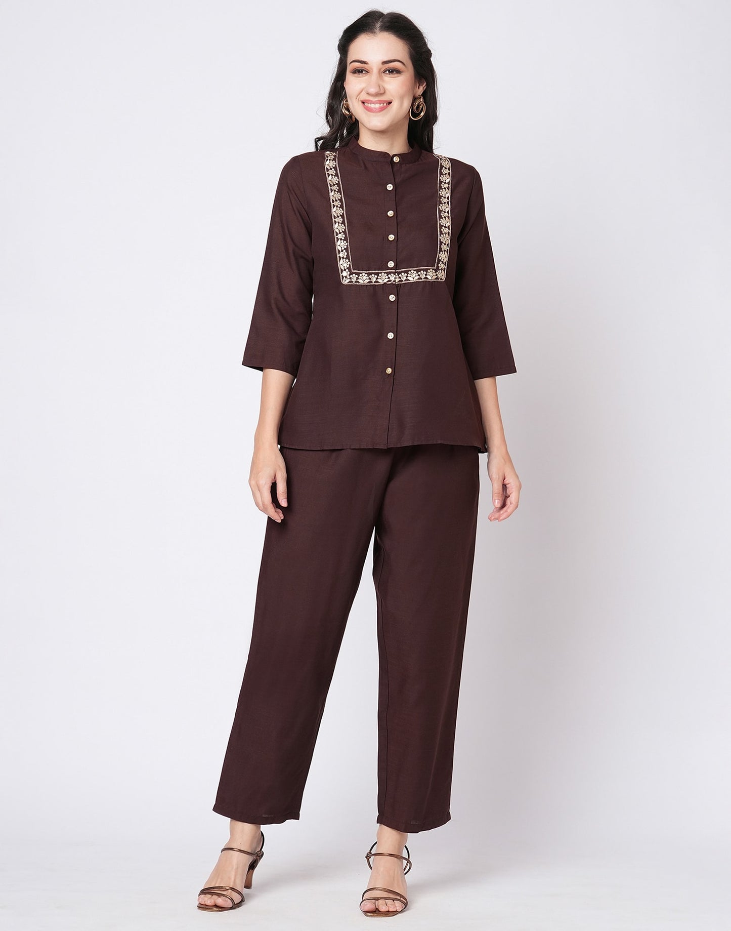 Cotton Blend Plain Mandarin Collar Co-ord Set