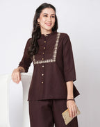 Cotton Blend Plain Mandarin Collar Co-ord Set