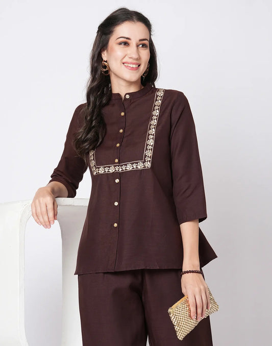 Cotton Blend Plain Mandarin Collar Co-ord Set