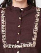 Skylee Cotton Blend Plain Mandarin Collar Co-ord Set For Woman