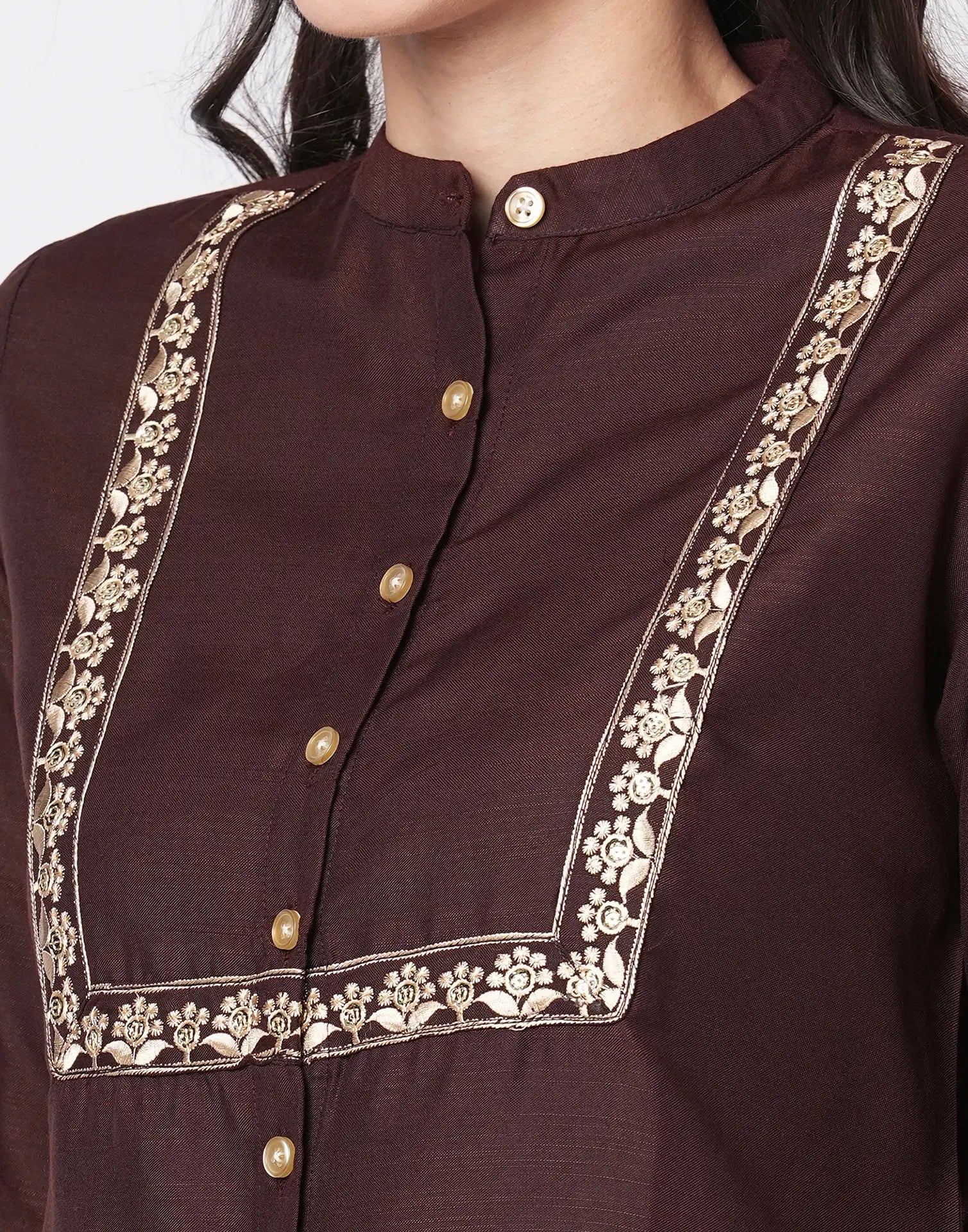 Cotton Blend Plain Mandarin Collar Co-ord Set