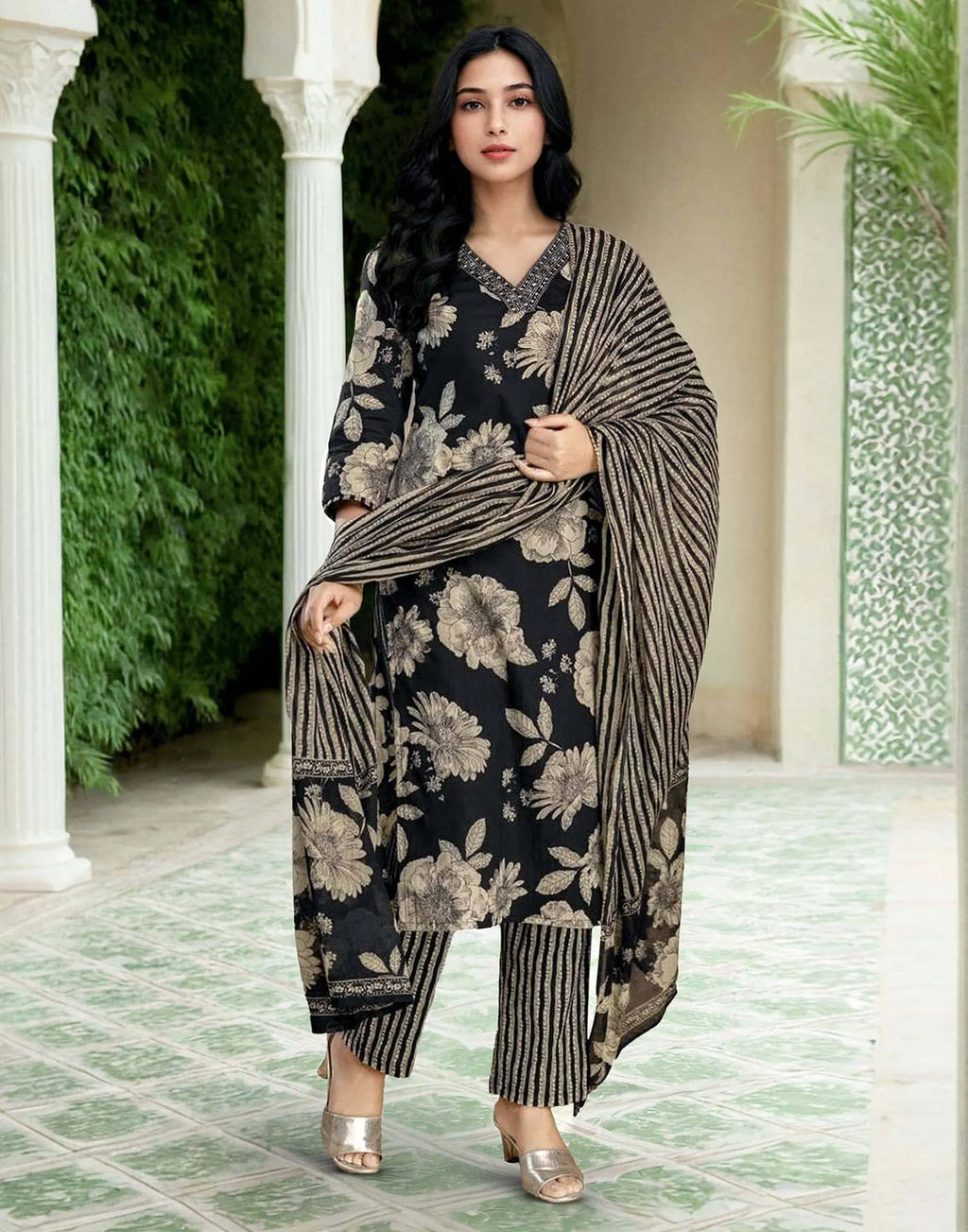 Skylee Viscose Rayon Floral Print Straight 3 Piece Kurta Set For Woman