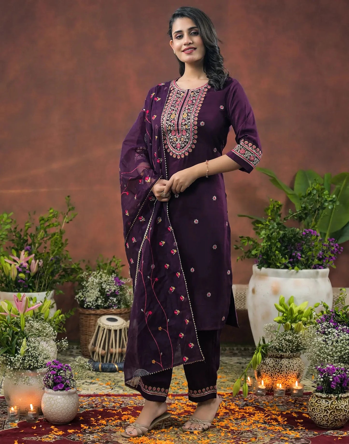 Chinnon Embroidered Round Neck Straight Kurta with Pant & Dupatta